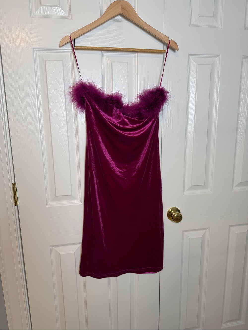 Fashion Nova Fuchsia Velvet Mini Dress with Feather Trim